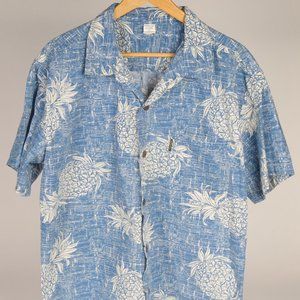 Vintage, Palmwave, Mens Button Up Hawaiian Shirt Tropical Pineapple Blue {Sz XL}